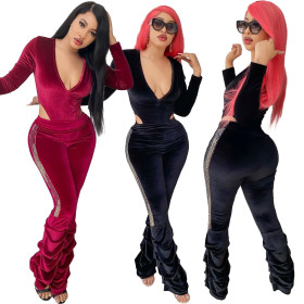 Sexy Gold Velvet V-Neck Long Sleeves Top With Pleated Pants Two Piece Set BLX7529