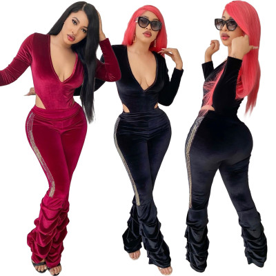 Sexy Gold Velvet V-Neck Long Sleeves Top With Pleated Pants Two Piece Set BLX7529