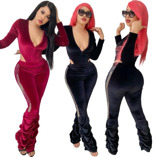 Sexy Gold Velvet V-Neck Long Sleeves Top With Pleated Pants Two Piece Set BLX7529
