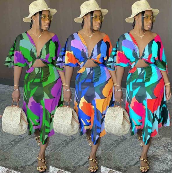 Fashion sexy waistless backless nightclub style loose short-sleeved mid-length skirt two-piece suit