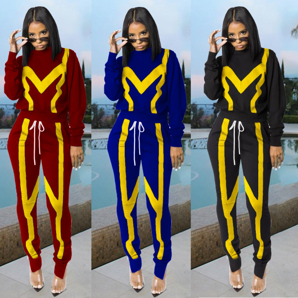 Colors Patchwork Suits Long Sleeves Hoodie Skinny Pants SM9048