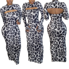 Sexy hollow leopard print mid-length dress HM5358