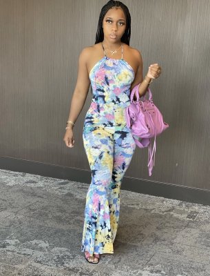 Tie-dye printed halter jumpsuit YT3210