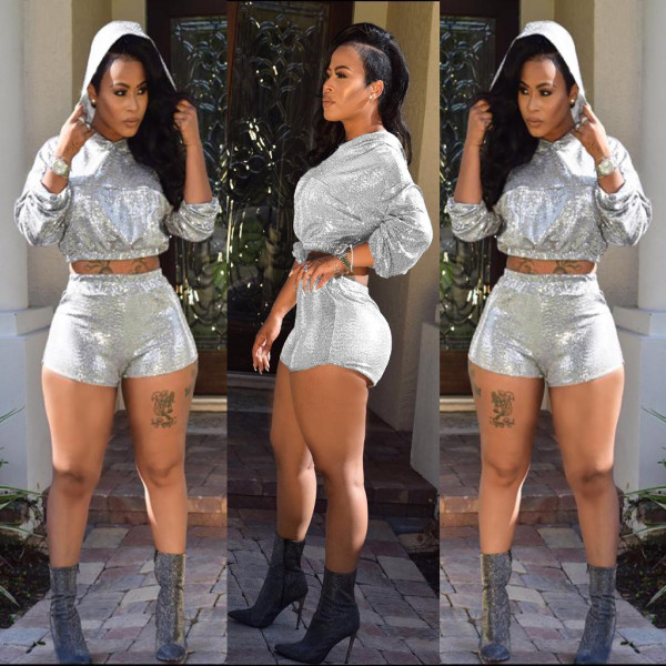 Hoodie Crop Tops Mid Waist Shorts Casual Sets MR155