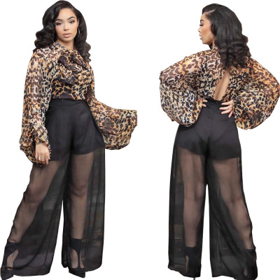 Loose Sleeves Printing Top Mesh Splicing Pants Perspective Hot Sets HG5302