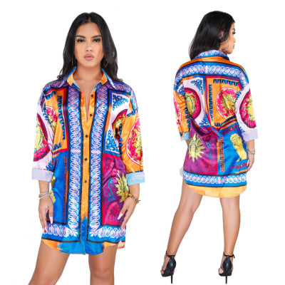 Mature Women Printing Shirt Casual Short Dress SMR9325