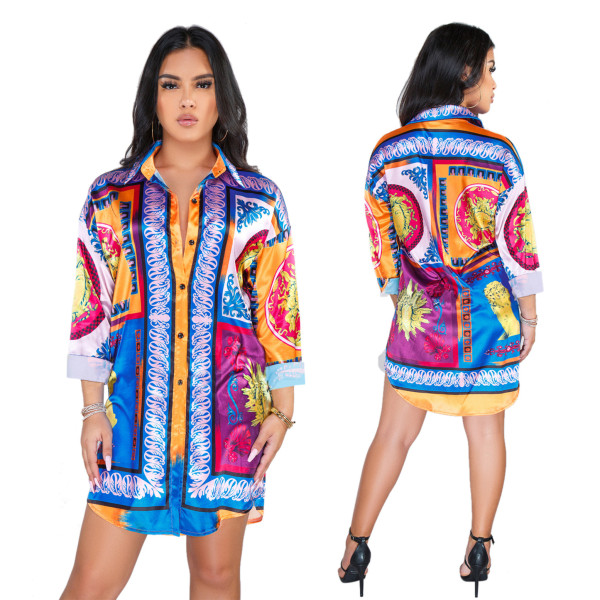 Mature Women Printing Shirt Casual Short Dress SMR9325