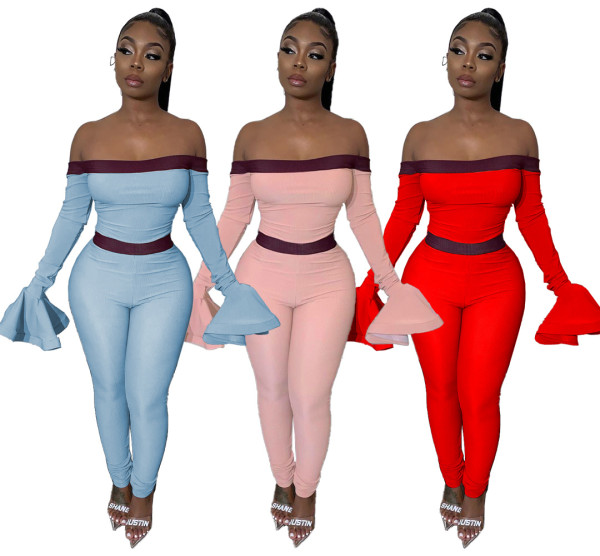 Cheap Lady Flares Sleeves Flat Shoulder Long Jumpsuit SM9054
