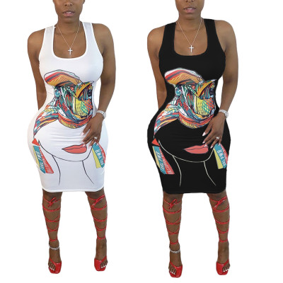 Sexy Cartoon Pattern Printed Round Neck Sleeveless Bodycon Midi Dress BN089