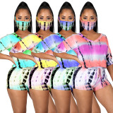 Fashion Coloring Printed V-Neck T-Shirt With Drawstring Shorts Plus Size Two Piece Suit JLX6871