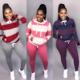 Autumn and winter striped stitching hooded sweater trousers suit DM142