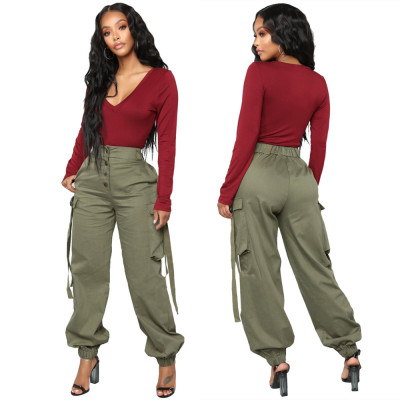 Casual Blouse Mid Waist Overall Pants With Pockets LS6181