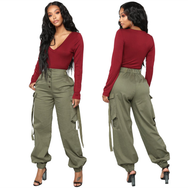 Casual Blouse Mid Waist Overall Pants With Pockets LS6181
