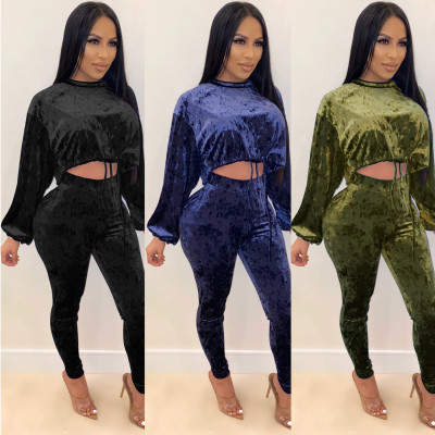 Leisure Plain Color Velvet Drawstring Bodycon Adult Pants Set HR8091