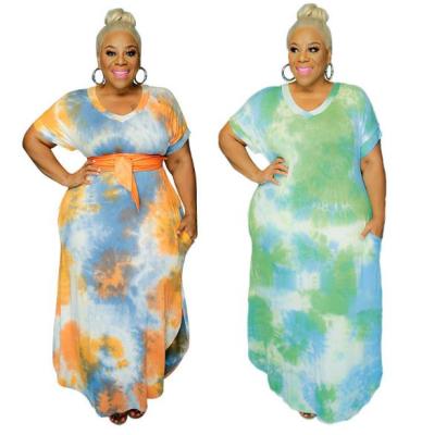 Tie-dye printed side pockets V-neck looser plus size women's dress OSS20826