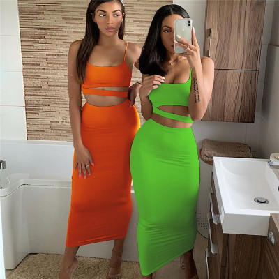Sling round neck hollow short vest high waist skirt suit S1734802