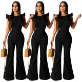 Stylish Backless Ruffle Black Flared Jumpsuit SDD9149