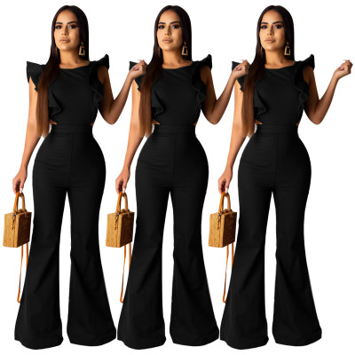 Stylish Backless Ruffle Black Flared Jumpsuit SDD9149