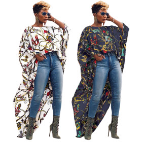 Hot Sell Printed Loose Cut Out Chiffon Dress Long Blouse GL6095
