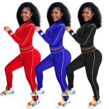 Casual Solid Color Round Neck Long Sleeves Mini Top With Trousers Two Piece Set QQM4097