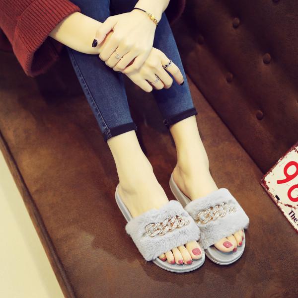 Autumn and winter chain flash drill fur slippers indoor and outdoor skid warm QF288-1
