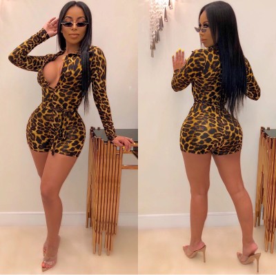 Leopard Print Long Sleeve V-neck Lace Jumpsuit MS1099