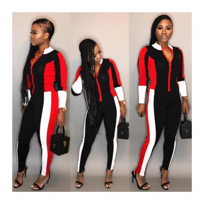 Colorblock Zip Up Office Lady Jumpsuits Q181