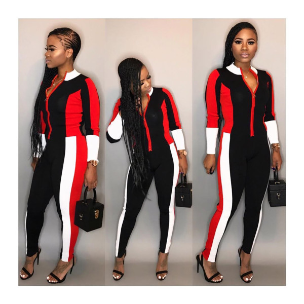 Colorblock Zip Up Office Lady Jumpsuits Q181