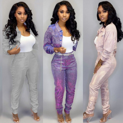 Club Shiny Fashion Outfits Women Jacket Bodycon Pants LY5106