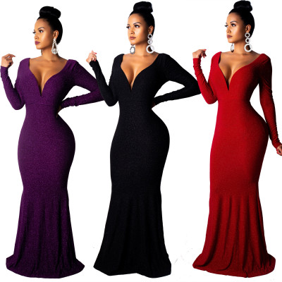 Party Elegant V Neck Backless Long Dress QZ4523