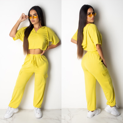Solid color hooded zipper sports suit MOS922