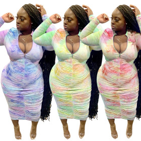 Plus size Womens dress, color gradient, pleated long sleeve dress J6017