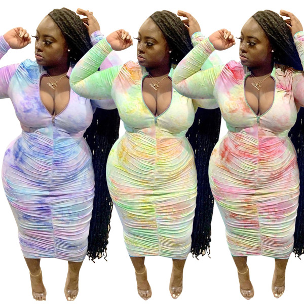 Plus size Womens dress, color gradient, pleated long sleeve dress J6017