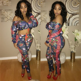 Trendy Floral Print Suits Long Sleeve Top Tight Pants LS6221