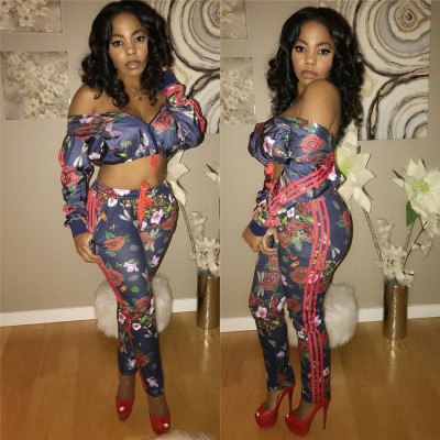 Trendy Floral Print Suits Long Sleeve Top Tight Pants LS6221
