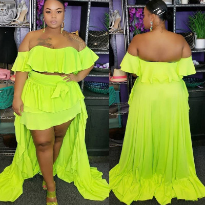 Ruffled one-shoulder top  short front  long tail  long skirt  two-piece suit OSS20663