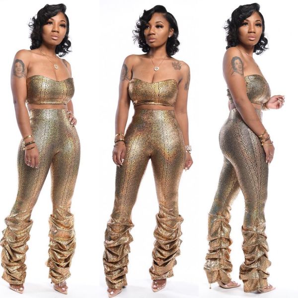 Strapless Top Fold Tight Pants Glitter Fashion Lady Outfits HG5293