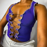Ladies Lace-up Hollow Round Neck Sleeveless Slim Tank Top YME1737985