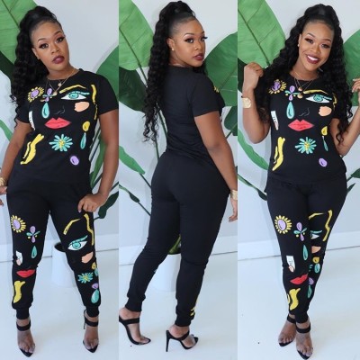Lovely Women Printing Sets Short Sleeves T-Shirt Tight Pants ML7245