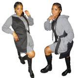 Fashion Vest Fake Two Matching Color Hooded Dress With Belt MN8077