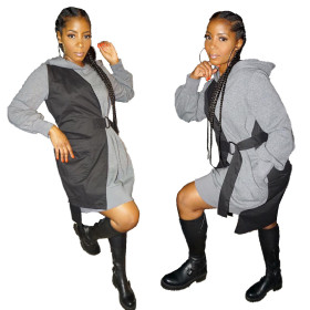 Fashion Vest Fake Two Matching Color Hooded Dress With Belt MN8077