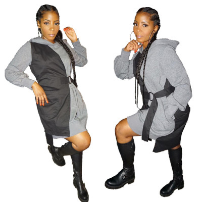 Fashion Vest Fake Two Matching Color Hooded Dress With Belt MN8077