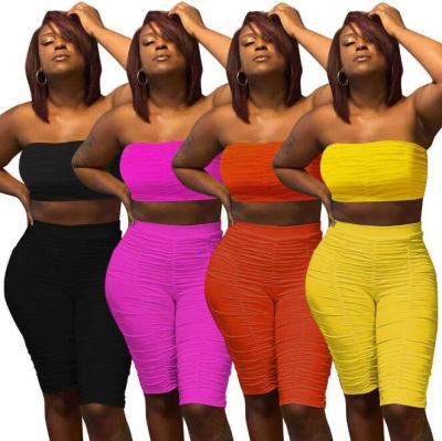 Sexy Solid Color Strapless Backless Mini Top With Shorts Pleated Two Piece Set FA7107