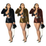 Fashion Suede Leather Stitchig Button Mini Top With Shorts Two Piece Set MF5188