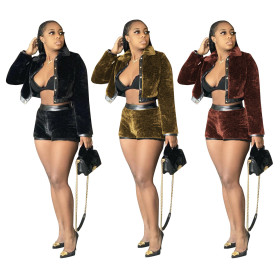Fashion Suede Leather Stitchig Button Mini Top With Shorts Two Piece Set MF5188
