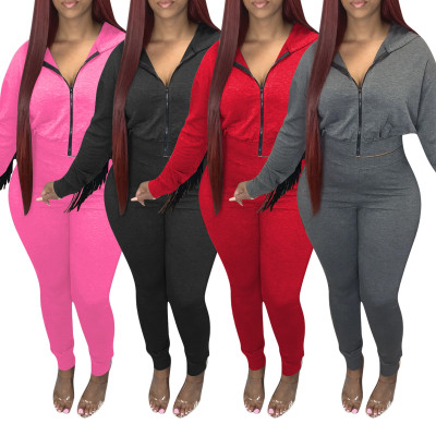Fashion Solid Color Tassel Zipper Long Sleeves Hooded Mini Cardigan With Trousers Two Piece Sets QQM