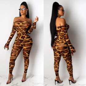 New Arrival Leopard Printing Off Shoulder Tight Jumpsuit QZ3289
