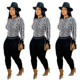 Geometric Pattern T-Shirt Black Skinny Pants Leisure Sets HR8077