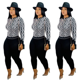 Geometric Pattern T-Shirt Black Skinny Pants Leisure Sets HR8077