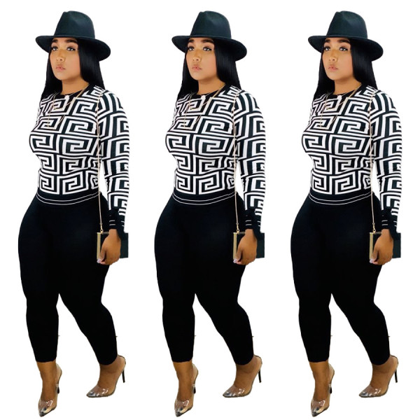 Geometric Pattern T-Shirt Black Skinny Pants Leisure Sets HR8077